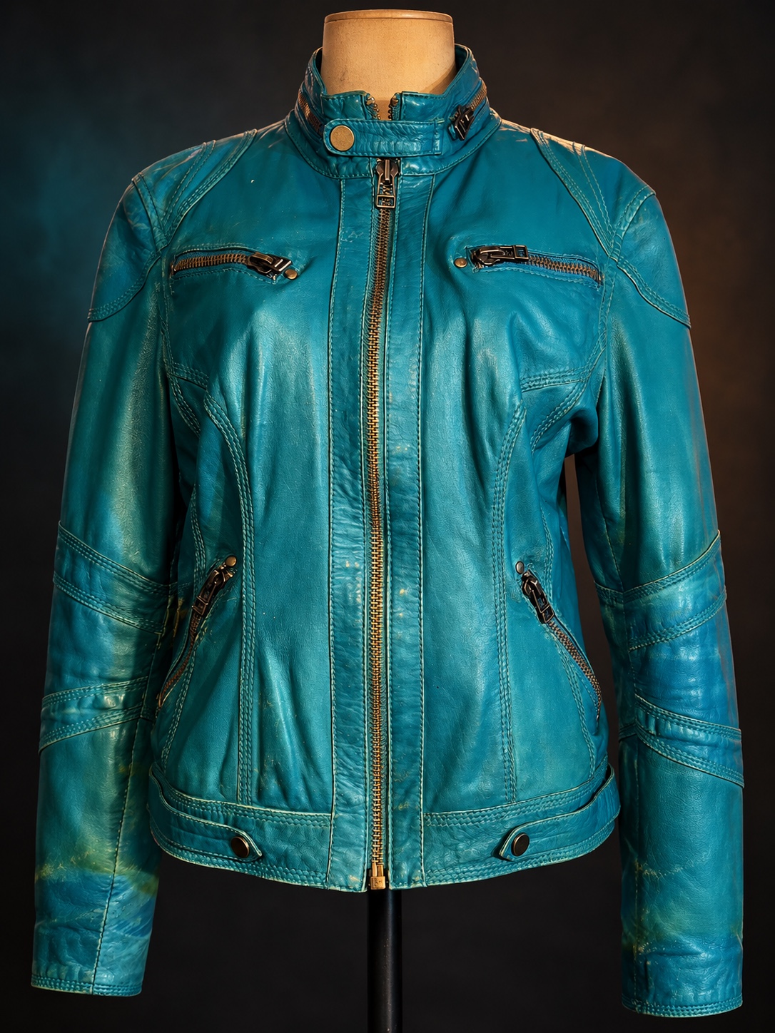 Campera de cuero turquesa restaurada, vista general