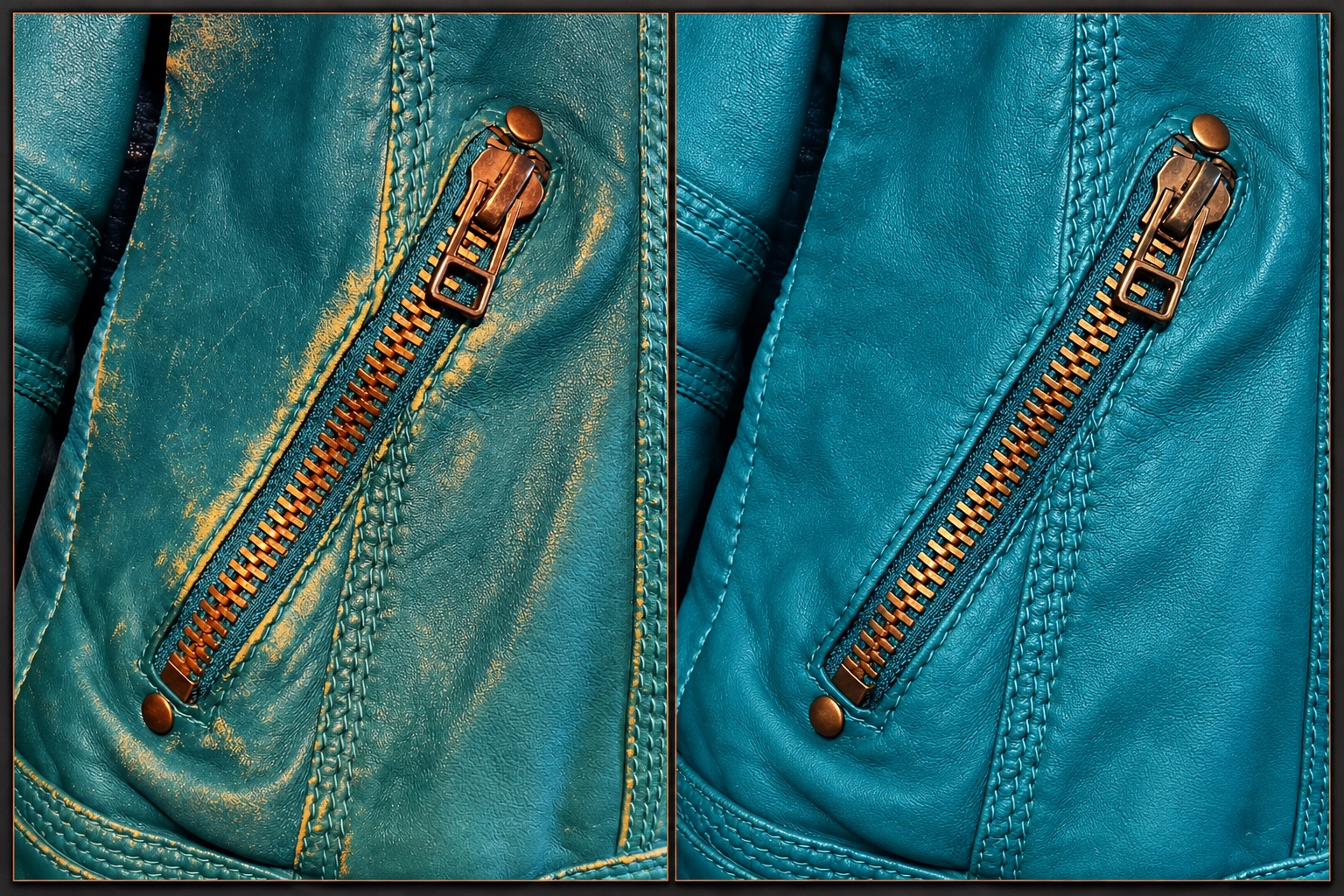Detalle del bolsillo de la campera turquesa antes y después