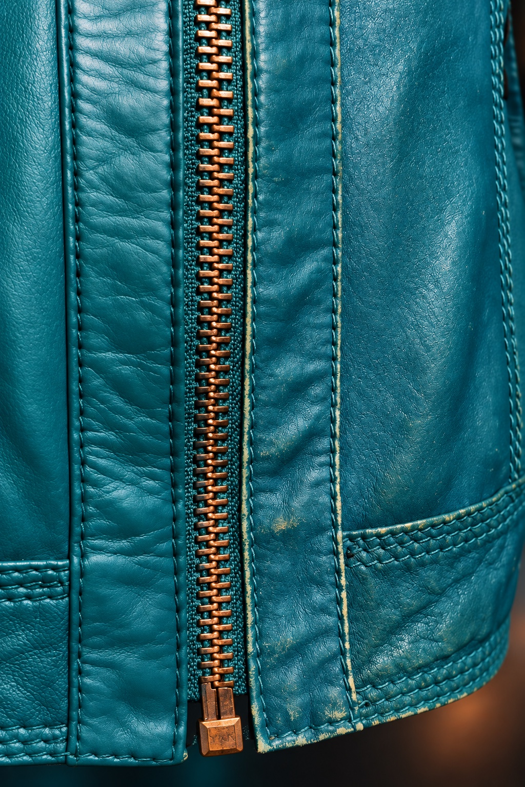 Detalle de cierre y textura de la campera turquesa